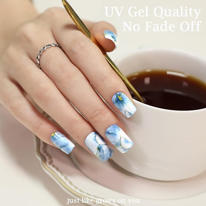 Marble Press on Nails Short Square GLAMERMAID, Blue Gold Acrylic Fake Nails with Design Luxury Stick Glue on Nails Reusable Glossy False Nail Sets, 48Pcs Adhesive Tabs Nail File, Cuticle Stick