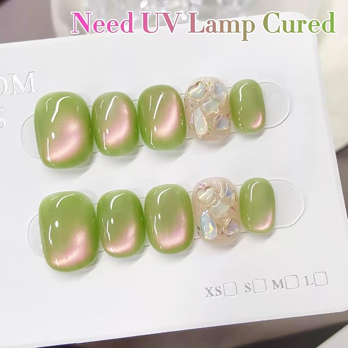 Double Rhythm 0.5 OZ Cat Eye Gel Polish with Magnet 15ML Holographic Glitter Shimmer Translucent Jelly Color Magnetic Nail Polish Salon DIY at Home (Pink Green-MC1215)