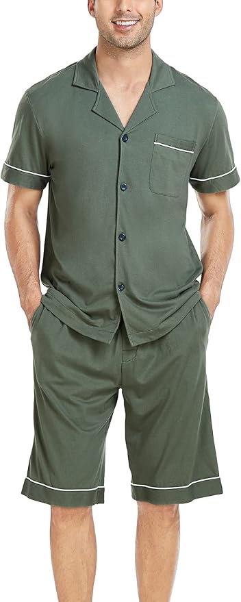 COLORFULLEAF Men's 100% Cotton Short Sleeve Pajama Sets Button Down Notched Collar Sleepwear Soft Lounge Pjs with Pockets