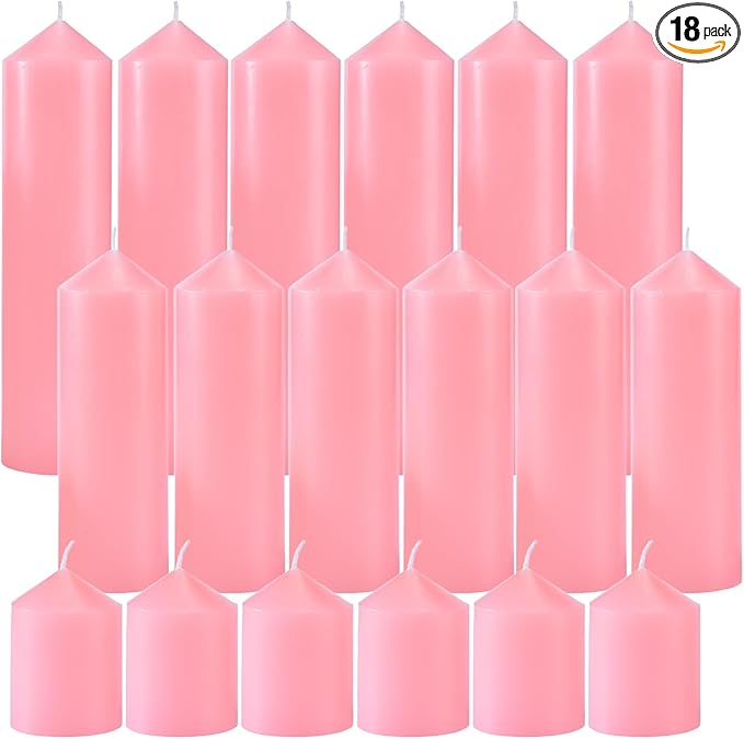 18 Pcs Pink Pillar Candles Bulk Set，Hurricane Candles，3 Different Lengths (6 Each)，Dripless Unscented Smokeless，Gives You a Better Atmosphere When Organizing Wedding or Event Party.