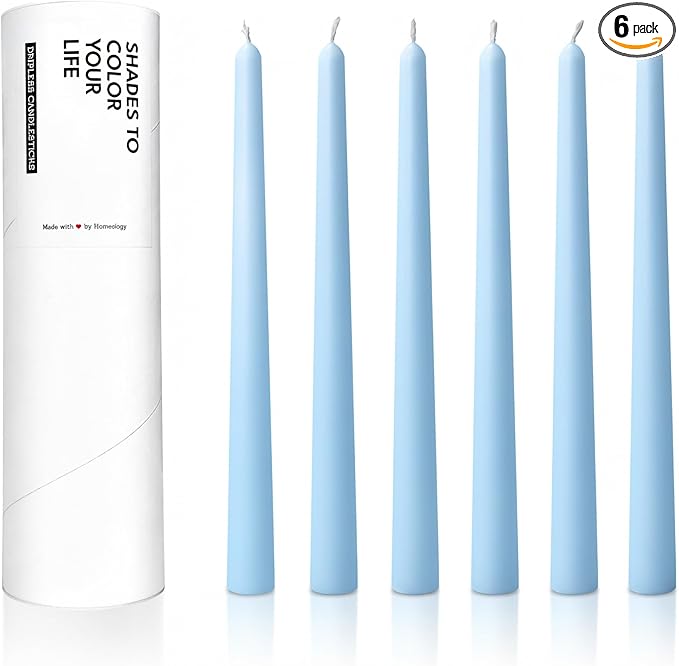 6 PK 10" Classic Taper Candles, Sky Blue, 7-8 Hours Long Burning, Unscented Tall Candlesticks