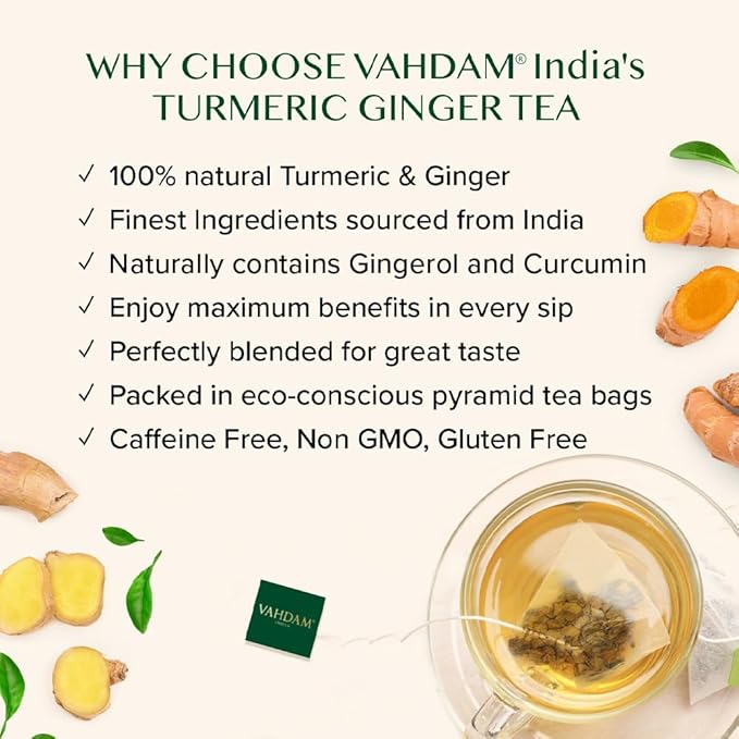 VAHDAM, Organic Turmeric Ginger Herbal Tea Bags (100 Pyramid Tea Bags) Caffeine Free, Non GMO | 100% Pure Herbal Blend - Savory & Spicy, Plant-Based Teabags | Resealable Ziplock Pouch
