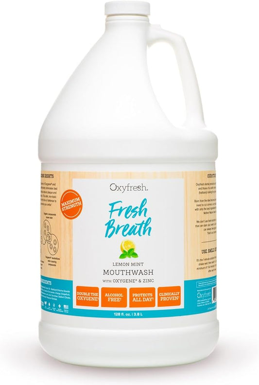 Oxyfresh Premium Lemon Mint Fresh Breath Mouthwash – Oral Rinse for Bad Breath – SLS & Fluoride Free Mouthrinse – Alcohol Free, Gentle Non Burning Mouthwash with Xylitol & Essential Oils, 1 Gallon