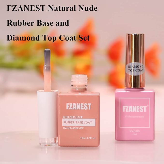 FZANEST Nude Builder Gel For Nails and Diamond Top Coat Set,Natural Base Color Rubber Base Gel Polish High Shine Finish Kit,Self-leveling Nail Structure Extension Gel No Wipe Top