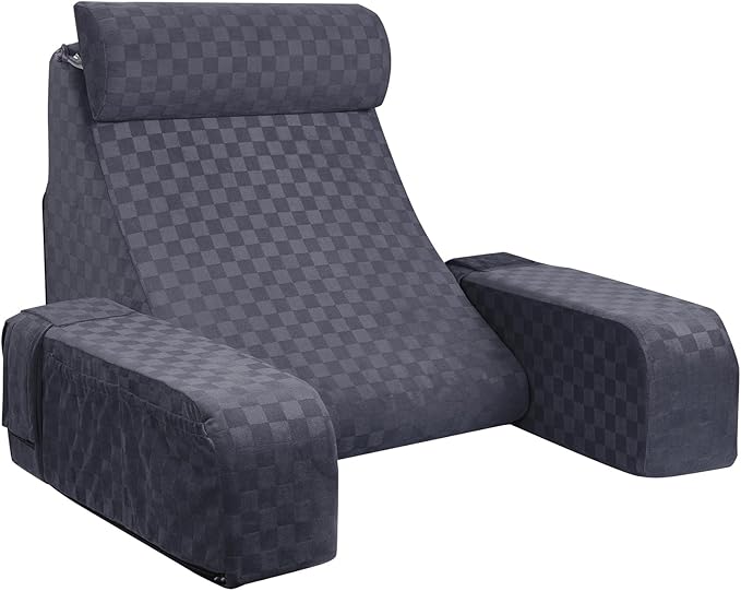 Vekkia Reading Pillow with Adjustable-Arms & Headrest – Multi-Firm Foam Backrest Cushion for Adults with Extra-Large Pockets for Reading, TV, Gaming & Work, Recovery on Bed & Floor, 19"(Grace Grey)