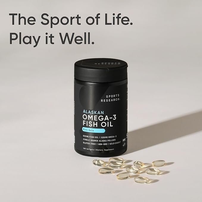 Sports Research® Omega-3 Fish Oil Mini Gels - Sourced from Wild Alaska Pollock w/Omega-3 EPA & DHA - Burpless, Bovine Free, Non-GMO, & MSC Certified Sustainable - 240 Count
