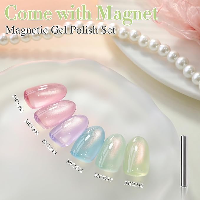 Double Rhythm 0.5 OZ Cat Eye Gel Polish with Magnet 15ML Holographic Glitter Shimmer Translucent Jelly Color Magnetic Nail Polish Salon DIY at Home (Green-MC1213)