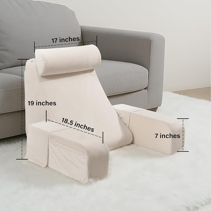 ENITYA 19" Back Pillow for Bed Sitting up, Big Pockets and Washable Removable Cover, Reading Chair for Watching TV/Reading/Gaming/Resting in Bed, Couch or Floor, Medium(Ivory)
