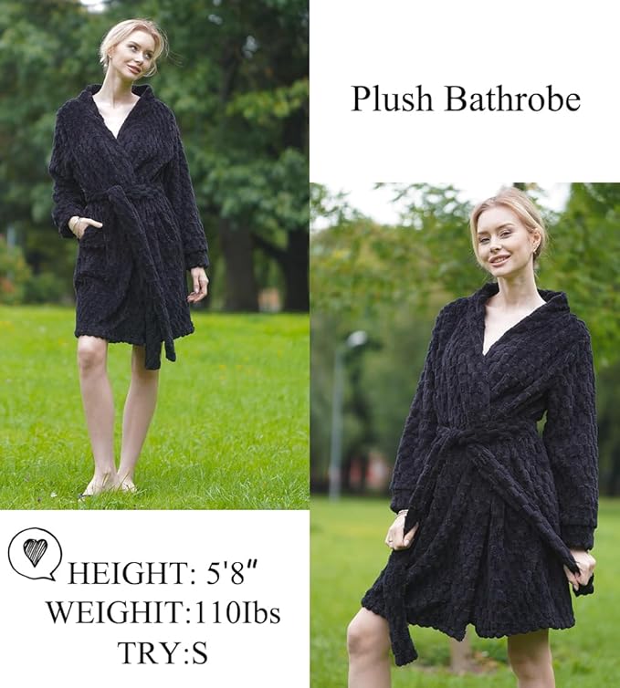 Ekouaer Women's Robes Short Plush Bathrobe Knee Length Warm Soft Jacquard Robe Winter House Coat with Pockets S-XXL