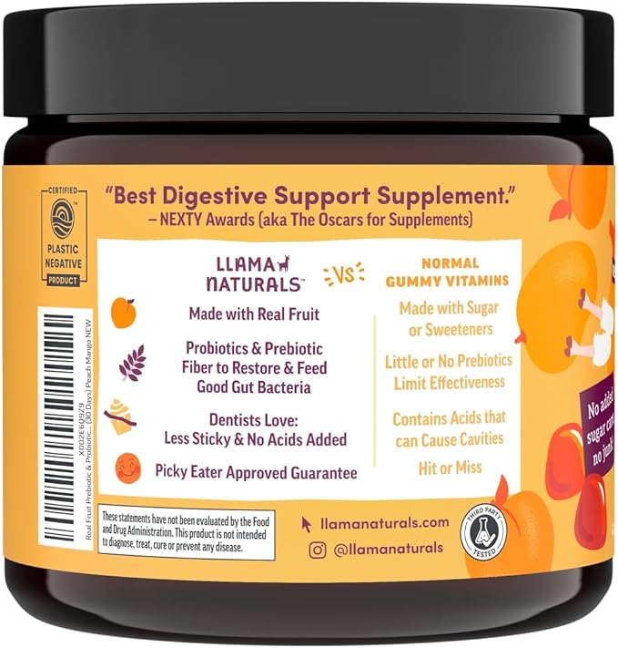 Llama Naturals Kids Probiotic with Prebiotic Fiber, Vegan, Organic Prebiotics and Probiotics Gummies for Gut Health Support, Toddler Real Fruit Gummy Vitamins, No Added Sugar Cane, Peach Mango, 120 Ct
