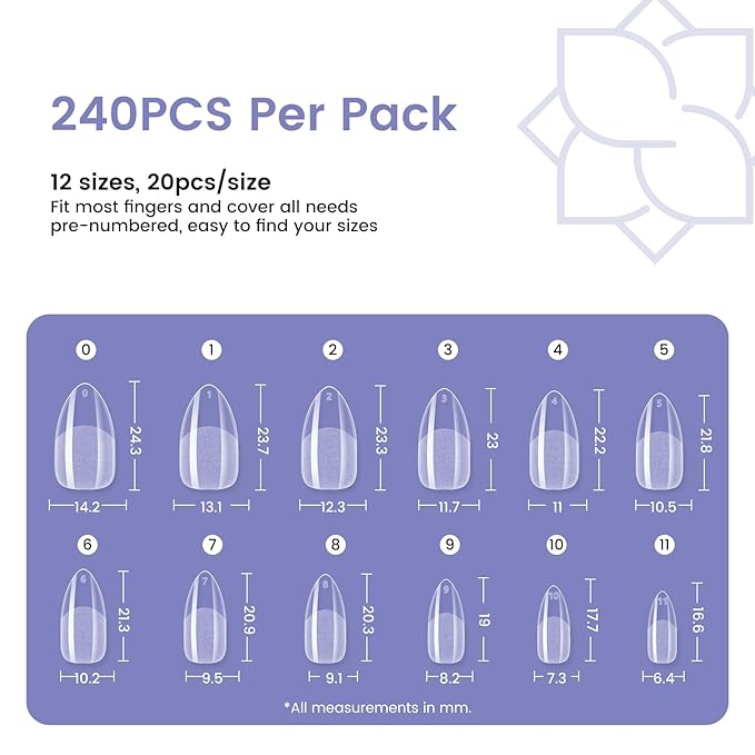 Medium Almond Nail Tips: 240PCS Soft Gel Clear Almond Pre-Shaped Nails Tips, 12 Sizes Full Cover Fake Press on Nails for Acrylic Nail Tip Home DIY Salon Nails