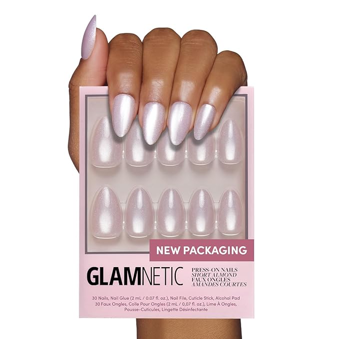 Glamnetic Press On Nails - Selenite | Soft White Sparkle Short Almond Fake Nails with a Glossy Finish, Salon Quality | 15 Sizes - 30 Nail Kit with Glue