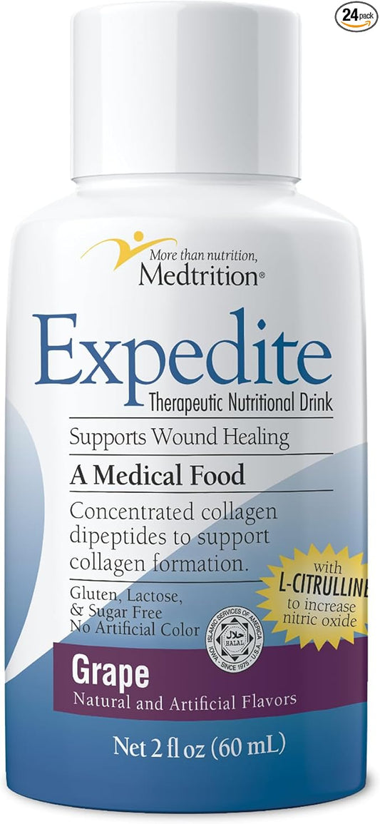 Medtrition Expedite Concentrated Collagen, Fast Track Wound Healing, 30X More Collagen Dipeptides Than Powder, Supports Foot Ulcers, Cosmetic Surgery, and More - Grape - 2 Fl Oz (Pack of 24)