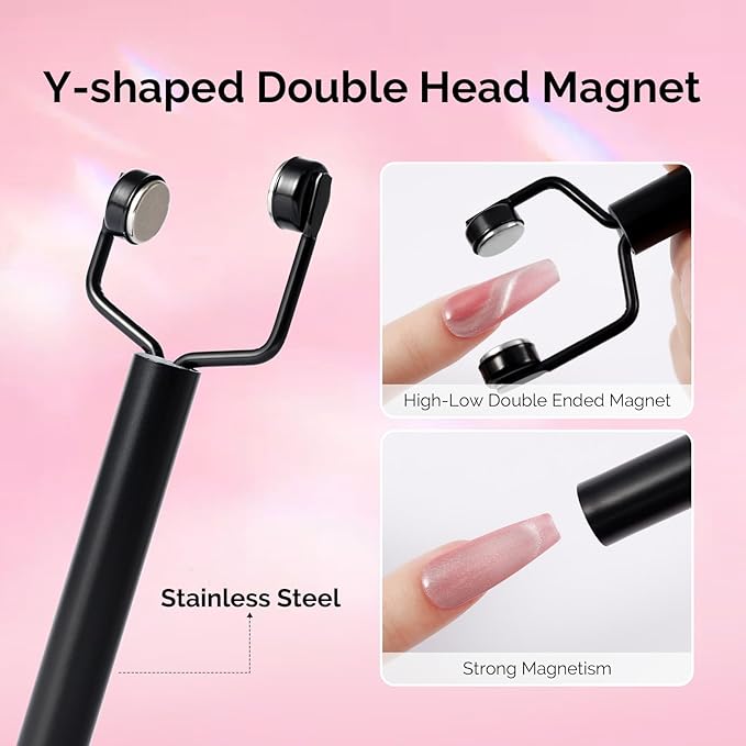 MelodySusie Cat Eye Gel Nail Polish Magnets, 3 in 1 Wooden Handle and Y-Shaped Double Head Nail Magnet Wand Set 2PCS, Suitable for Manicure Nail Design Salon DIY at Home