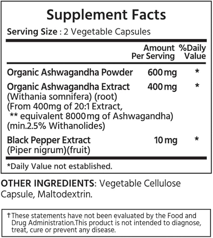 ML Naturals Premium Organic Ashwagandha 1000 mg per Serving, 120 Vegetable Capsules with Black Pepper Extract, Non-GMO, Gluten Free, NSF-Certified & cGMP-Compliant, Third-Party Lab Tested