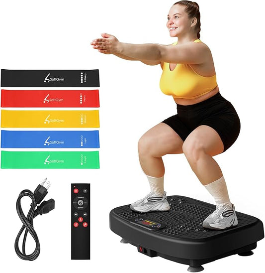 SoftGym Vibration Plate Exercise Machine for Lymphatic Drainage,Power Vibrate Stand Shake Board 450 Lbs Capacity Whole Body Workout Waver with Fitness Resistance Bands Weight Loss Gifts for Women Men