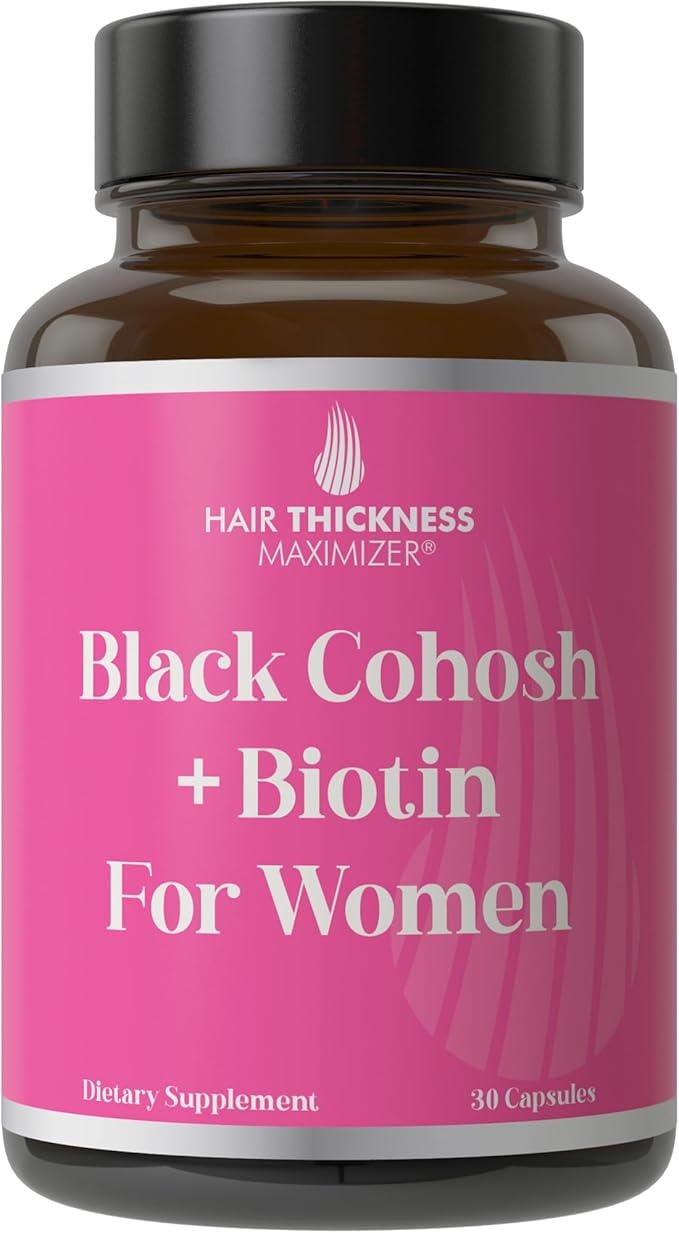 Black Cohosh + Biotin - Menopausal Hair Growth Supplement for Women. Menopause & Postmenopause Vitamins for Fuller Hair, Less Thinning, Hot Flashes. Black Cohosh, Biotin, & Chasteberry. Clean & Vegan