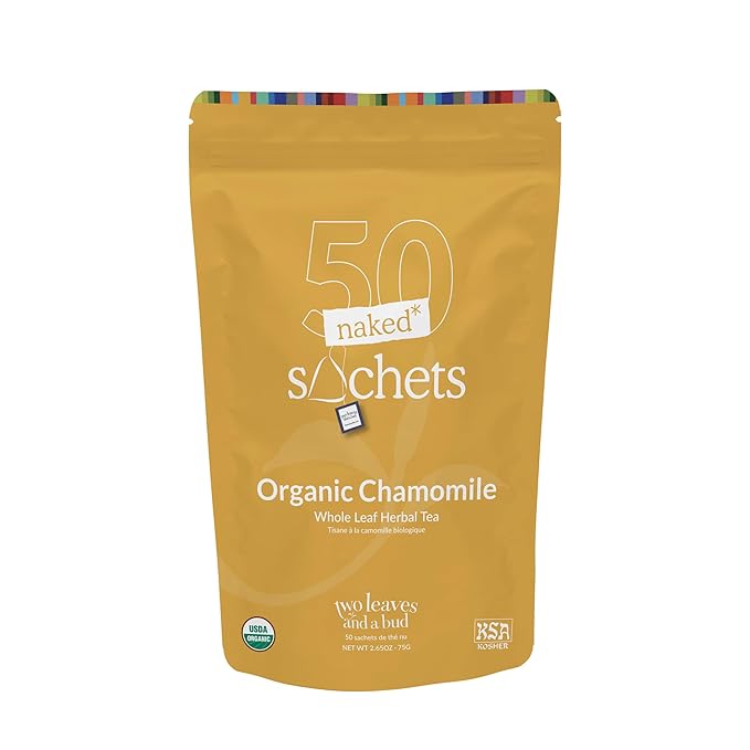 Two Leaves and a Bud Organic Chamomile - 50 Naked Tea Sachets, Naturally Caffeine Free, Whole Leaf Herbal Tea in Eco-Friendly Unwrapped Compostable Sachets, Resealable Bag, 50 Count (Pack of 1)