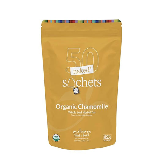 Two Leaves and a Bud Organic Chamomile - 50 Naked Tea Sachets, Naturally Caffeine Free, Whole Leaf Herbal Tea in Eco-Friendly Unwrapped Compostable Sachets, Resealable Bag, 50 Count (Pack of 1)