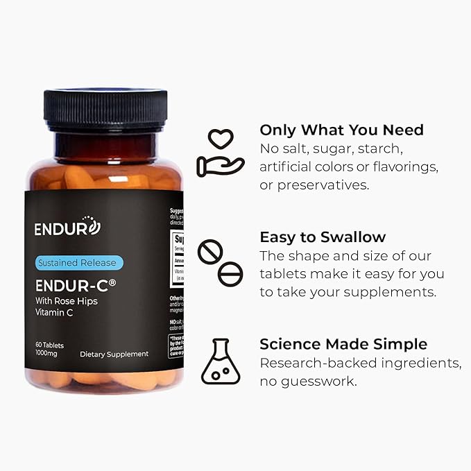 Endur ENDUR-C Vitamin C with Rose HIPS, Supports Collagen Production, Antioxidant Protection & Gentle Digestion, Gluten Free, 1000mg (60 Tablets)