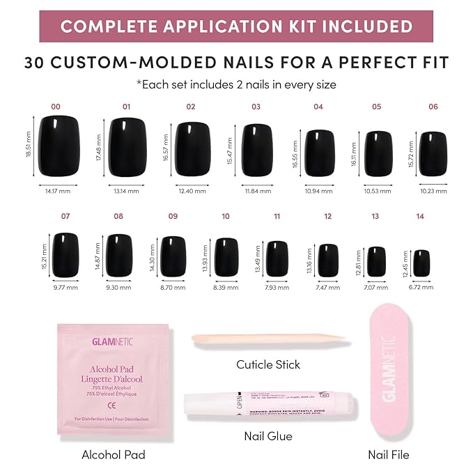 Glamnetic Press On Nails - Jet Black | Short Squoval Black Fake Nails with a Glossy Finish, Salon Quality Halloween Nails | 15 Sizes - 30 Nail Kit with Glue