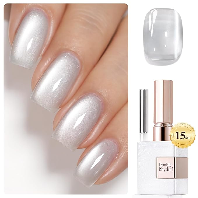 Double Rhythm Jelly Glass Cat Eye Gel Polish with Magnet 15ML Holographic Glitter Shimmer Translucent Sheer Color Magnetic Nail Polish Salon DIY at Home (Jelly Silver-MC1099)