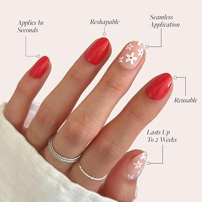 Glamnetic Press On Nails - Red Blossom | Glossy and Matte Short Oval Nails with Floral Accents, Salon Quality | 15 Sizes - 30 Nail Kit with Glue