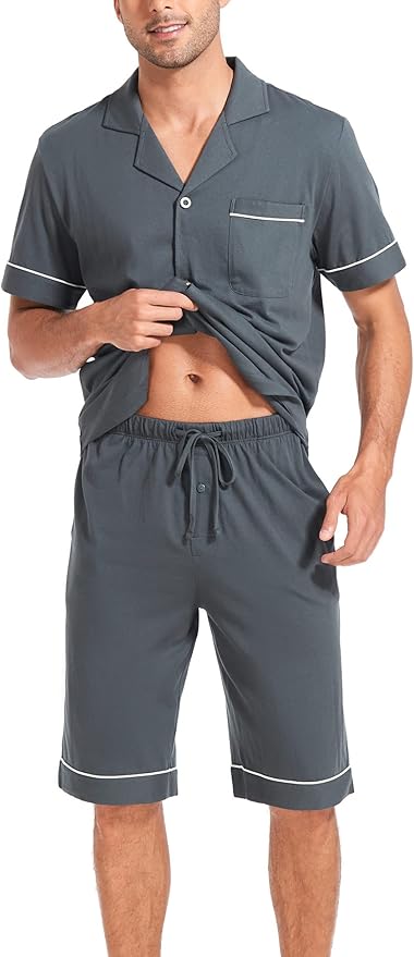 COLORFULLEAF Men's 100% Cotton Short Sleeve Pajama Sets Button Down Notched Collar Sleepwear Soft Lounge Pjs with Pockets