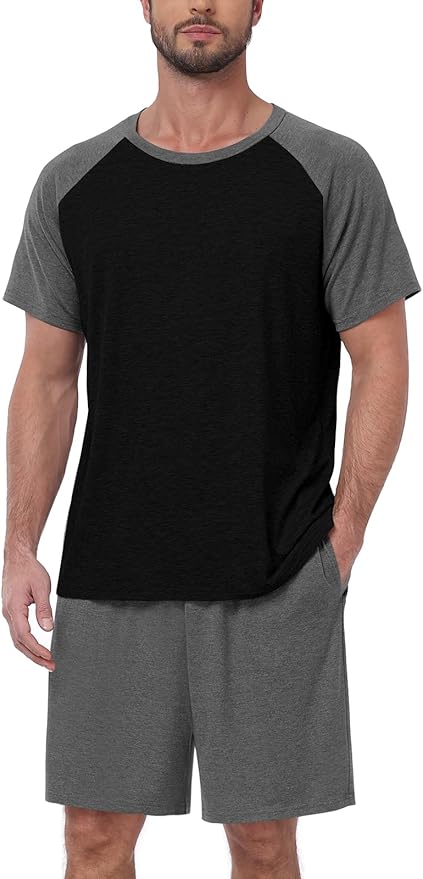 Mens Pajama Set Summer Pjs Sleepwear Lightweight Short Sleeve Pjs Soft Comfy Sleep Set With Pocket