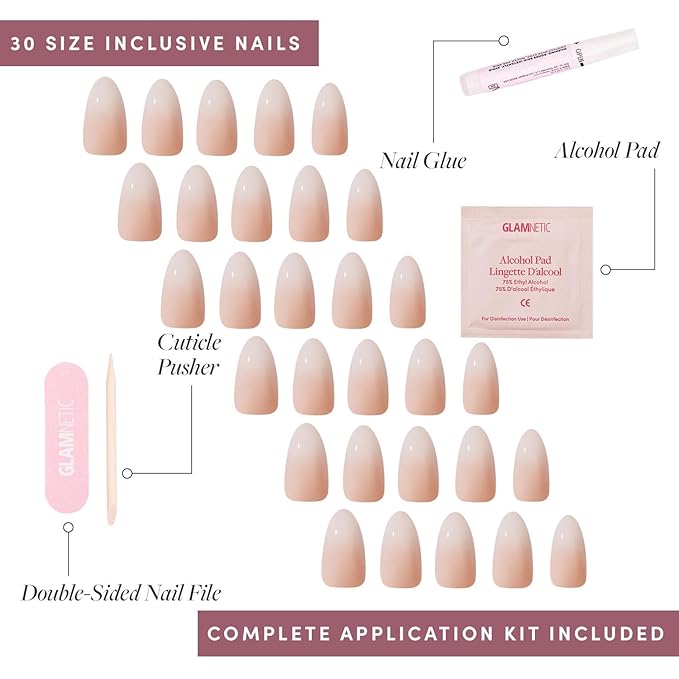 Glamnetic Press On Nails - Fiancéd | Short Almond Fake Nails with a Nude Ombré and Glossy, Glazed Finish, Salon Quality | 15 Sizes - 30 Nail Kit with Glue