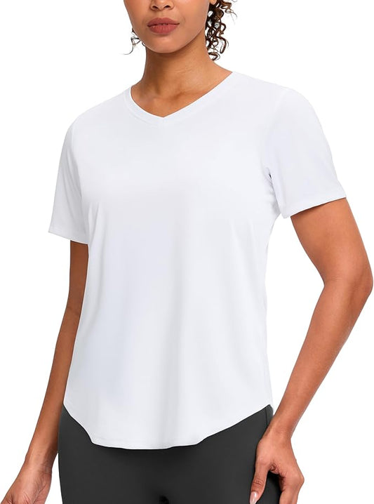 Womens Workout Tops V-Neck Short Sleeve UPF 50+ Sun Shirt Moisture Wicking Quick Dry Top for Gym, Running, Athletic