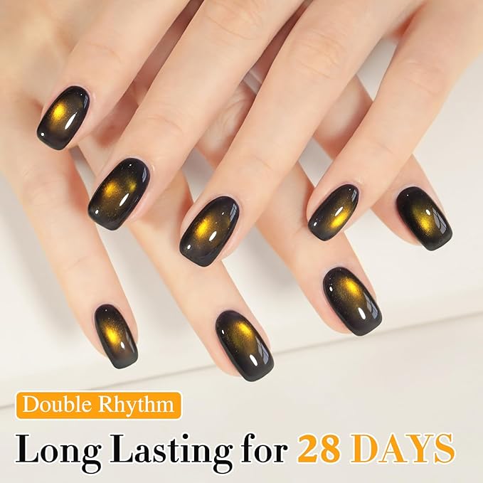 Double Rhythm Jelly Glass Cat Eye Gel Polish with Magnet 15ML Holographic Glitter Shimmer Translucent Sheer Color Magnetic Nail Polish Salon DIY at Home (Golden Black-MC1256)