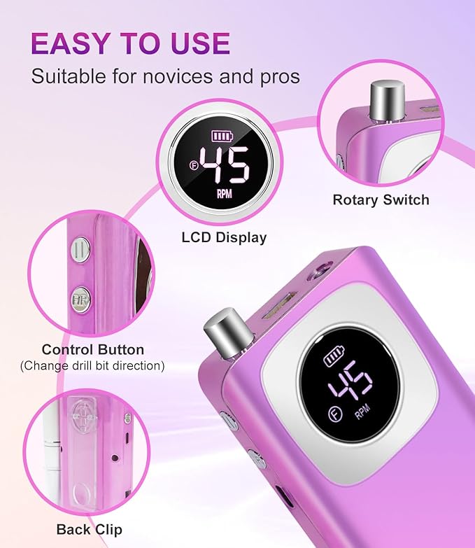 Electric Nail Drill Professional, 45000 RPM Rechargeable Nail Drill Kit, Electric Nail File for Acrylic, Manicure & Pedicure & Polishing Tools for Home Salon, Pink