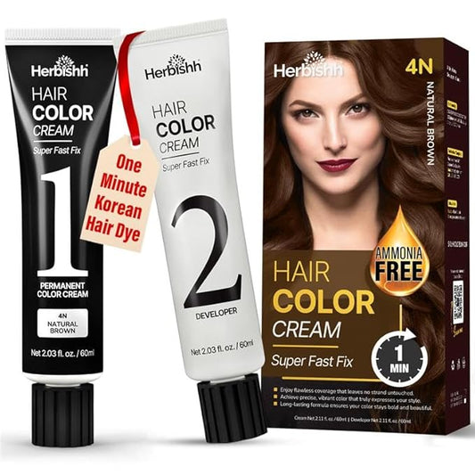 Herbishh Rapid Infusion Hair Color Cream – 4N Natural Brown Hair Dye Permanent One Minute with Comb Applicator, Hair Color for Gray Hair Coverage, Ammonia-Free, Patented Korean Technology, 2.03 fl. Oz