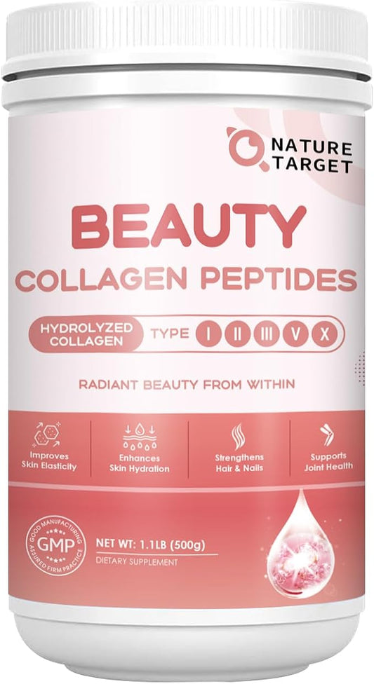 NATURE TARGET Beauty Collagen Peptides Powder for Women, Multi Collagen Powder with Vitamin C, Biotin, Hyaluronic Acid – Unflavored, Keto Friendly, Easy Dissolve, Non-GMO, 50 Servings