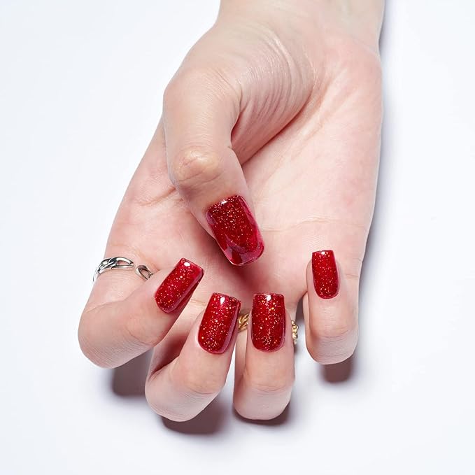 GLAMERMAID Glitter Bright Red Press on Nails Medium Square, Handmade Jelly Soft Gel Nails Square Fake Nails, Glossy Stick Glue on Nails Kit for Women, Reusable Stick on Acrylic Fake Nails Manicure Set