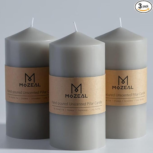MOZEAL 3" x 6" Hand-Poured Unscented Gray Pillar Candles,Dripless Candles Set of 3,Long Lasting Burning,Approx 100 Hours Burn Time for Wedding,Dinner,Christmas and Home Decor