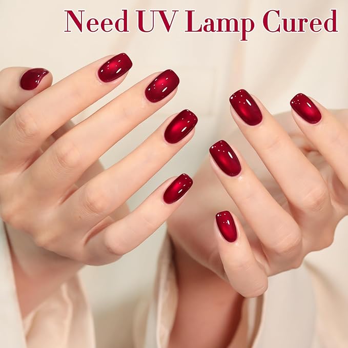 Double Rhythm Jelly Glass Cat Eye Gel Polish with Magnet 15ML Holographic Glitter Shimmer Translucent Sheer Color Magnetic Nail Polish Salon DIY at Home (Red-MC1116)