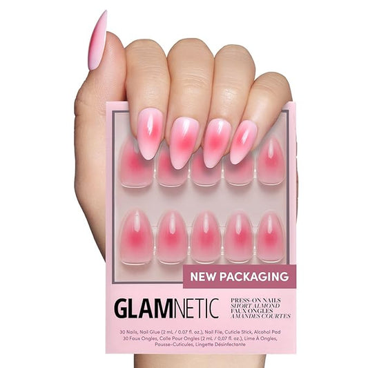 Glamnetic Press On Nails - Blushing Aura | Short Almond Trendy Pink with Ombre Center Nails in a Glossy Finish | 15 Sizes - 30 Nail Kit with Glue