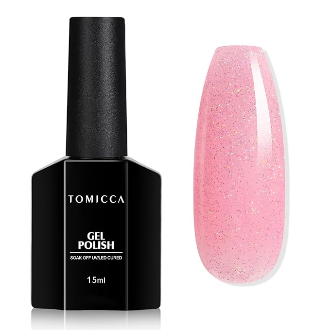 TOMICCA Nude Pink Glitter Gel Nail Polish, Soak Off UV Transparent Shimmer Clear Pink Nail Polish Gel Natural Color Nail Art DIY Manicure Salon