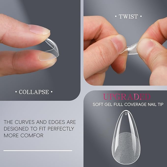 krofaue 240Pcs Almond Nail Tips - Professional Soft Gel Press on Nails with Half Matte 12 Sizes Acrylic Fake Tips for Gel Polish & Dip Powder DIY Home Manicure