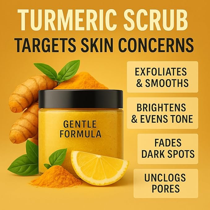 Vitamin C & Turmeric Body Scrub, Natural Face Exfoliator, Himalayan Salt with Coconut Oil, Jojoba Oil, Aloe Vera, Vitamin E, Cane Sugar