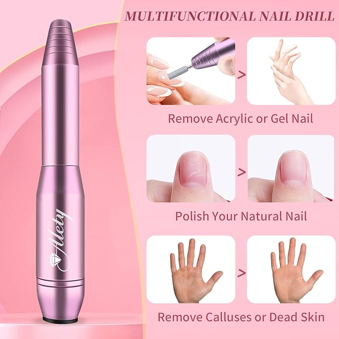 Electric Nail Drill Kit, Portable File for Acrylic Gel Nails, Professional Machine Efile Manicure Pedicure Tools with Iridescent Bits Home Salon Use, Pink