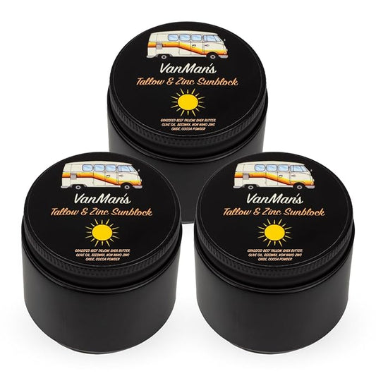 Vanman's - Zinc and Tallow Sunscreen (3 Pack) - Water Resistant 20 SPF Beef Tallow Sunscreen with Olive Oil, Beeswax - Mineral with Non-Nano Minerals - 2.8 ounce