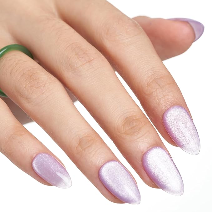 GLAMERMAID Pure Purple Magnet Cat Eyes Press on Nails Short Almond, Handmade Jelly Gel Fake Nail Kits, Ombre Glitter Magnetic Glue on Nail Stiletto，Aurora Medium Oval Stick on False Nail Set for Women