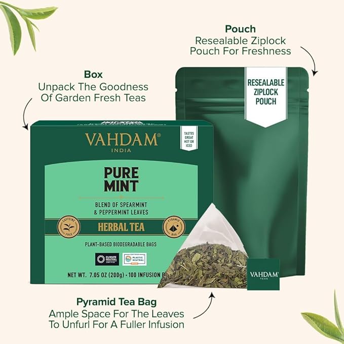 VAHDAM, Pure Mint Herbal Tea (100 Pyramid Tea Bags) Caffeine Free, Non GMO, Gluten Free | Blend of Spearmint & Peppermint - Sweet & Minty | Resealable Ziplock Pouch