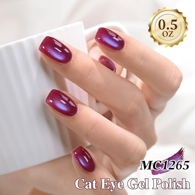 Double Rhythm Jelly Glass Cat Eye Gel Polish with Magnet 15ML Holographic Glitter Shimmer Translucent Sheer Color Magnetic Nail Polish Salon DIY at Home (Burgundy Purple-MC1265)