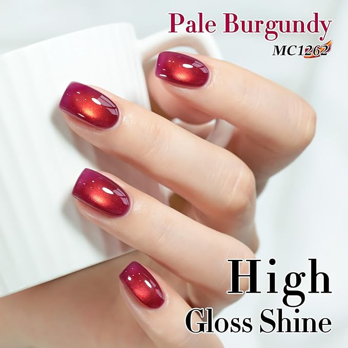 Double Rhythm 0.5 OZ Cat Eye Gel Polish with Magnet 15ML Holographic Glitter Shimmer Translucent Jelly Color Magnetic Nail Polish Salon DIY at Home (Burgundy Golden-MC1262)