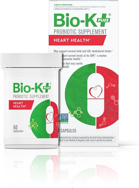 Bio K+ Heart Health Probiotic with Limosilactobacillus reuteri LRC – 5 Billion CFU – Cholesterol & Cardiovascular Support – Vegan, Shelf-Stable, Non-GMO – Probiotics for Men & Women – 60 Capsules