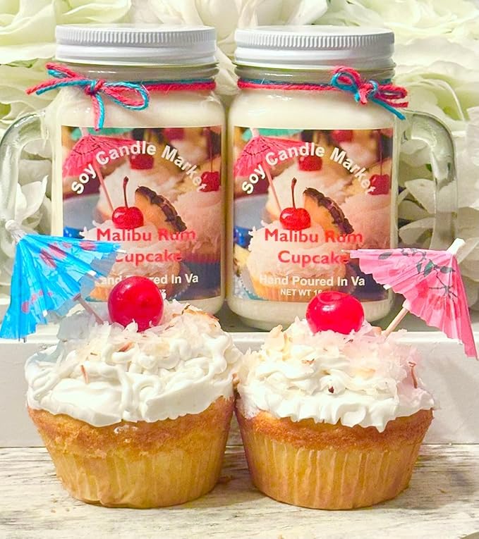 Soy Scented Candles | Handmade & Highly Aromatic Candles Burns Upto 85 Hours in Glass Jar - Perfect for Home Decor, Wedding, Birthday, Dinner (Malibu Rum Cupcake, 16 oz)